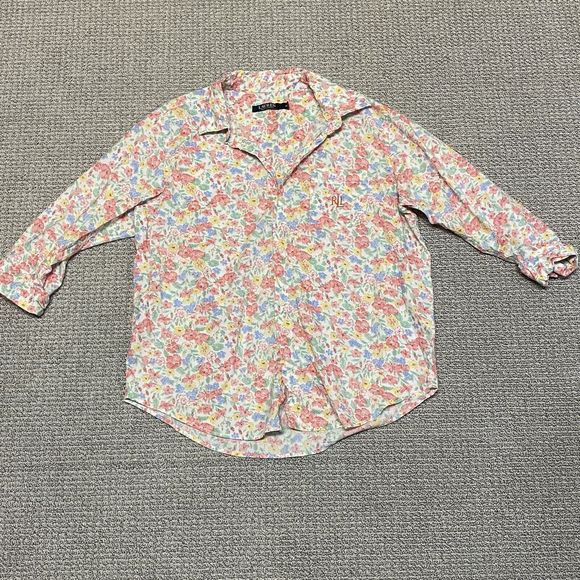 Lauren Ralph Lauren Shirt Womens M Button Down Floral EmbroideredLogo 3/4 Sleeve - Picture 2 of 10